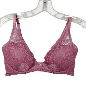 Victoria's Secret Plunge Bra Size 30D Gold V Charm Center Underwire Pink Lace